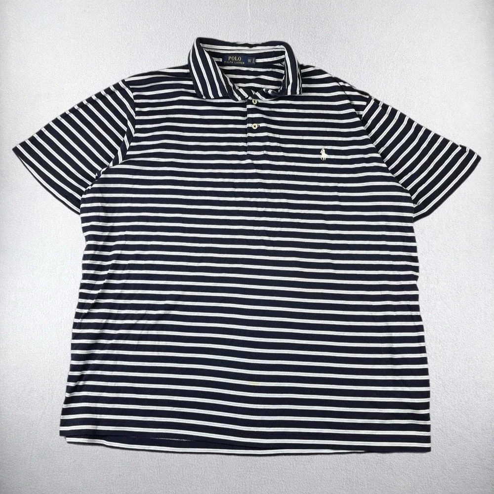 Polo Ralph Lauren Polo Shirt Mens 2XLT Navy Blue Striped Short Sleeve Pony Logo